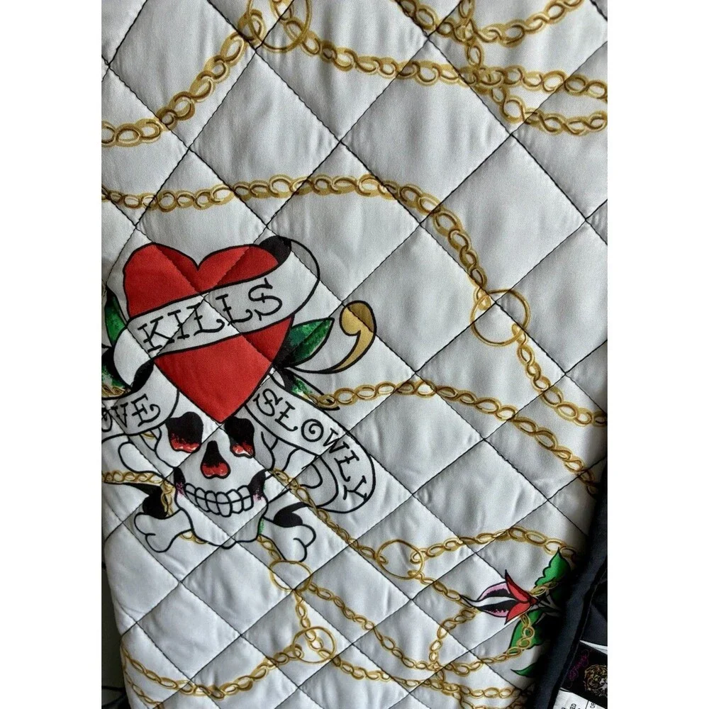 Ed Hardy Queen Quilt Set 3 Piece Queen Bedding Skull Heart Roses New